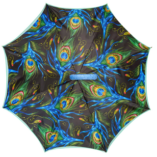 Luxury peacock umbrella blue leather handle automatic detail