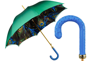 Peacock luxury umbrella automatic open blue leather handle front