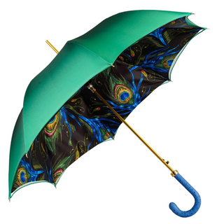Elegant peacock umbrella automatic open blue leather handle