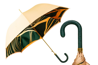 Ivory satin Italian luxury umbrella – green ostrich handle front view