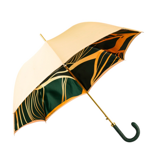 Ivory satin umbrella – green ostrich leather handle close-up