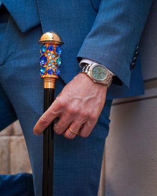 24K gold sapphire aqua crystal Italian luxury walking cane side view