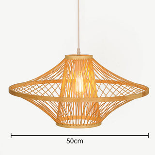 Handcrafted bamboo pendant lamp detail — woven lantern fixture