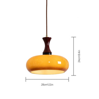 Suspension Dôme Jaune – Luminaire Rétro avec Accents en Bois pour Îlot de Cuisine