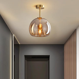 Semi-flush copper glass ceiling lamp, retro bedroom fixture