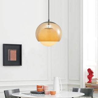 Vintage orange Bauhaus glass pendant casting warm glow