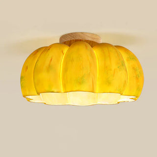 Yellow pumpkin shaped ceiling light, modern resin wood design