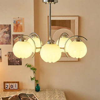 Adjustable flower glass chandelier close-up — LED filament detail