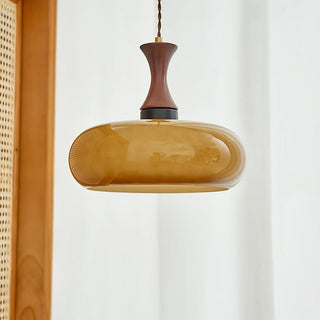 Yellow dome pendant with wooden accent retro kitchen lamp
