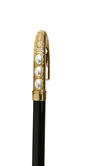 Gold plated pearl handle black beechwood men's Italian luxury walking cane side view