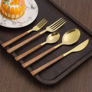 wooden handle cutlery durable stainless steel dining flatware wood grain close-up