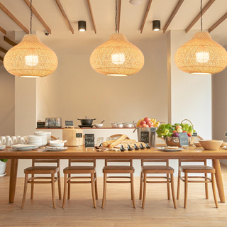 Rattan pendant with warm wood finish — boho ceiling light side view