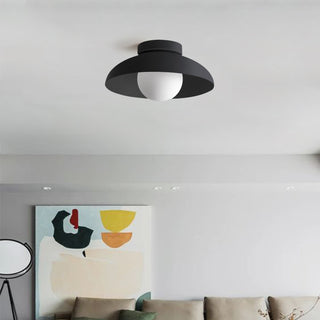 Semi-flush metal ceiling fixture, contemporary hallway design