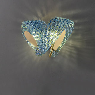 Retro blue glass wall lamp detail — copper fixture soft glow