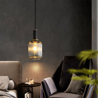 Ribbed glass pendant side view — oval modern kitchen fixture