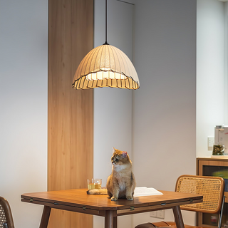 Modern linen pendant casting warm soft ambient glow