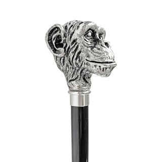 Silver sculpted monkey handle black beechwood Italian luxury walking cane detail