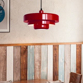 Mid-century round iron pendant — rustic industrial dining