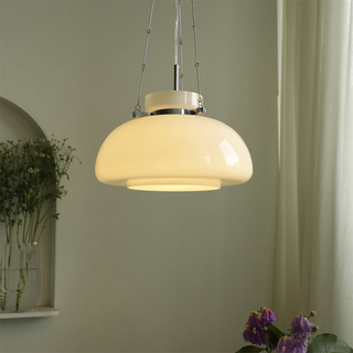 Vintage milk glass dome pendant for warm ambient dining room