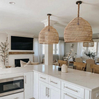 Hemp rope pendant with handmade rattan shade — boho interior