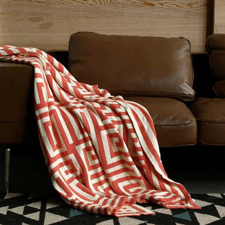 luxury knitted throw cotton geometric pattern decorative fringe blanket detail