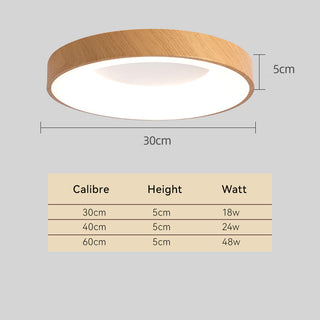 Natural wood ceiling light with round LED, warm ambient