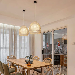 Rattan basket pendant lamp — vintage boho ceiling fixture