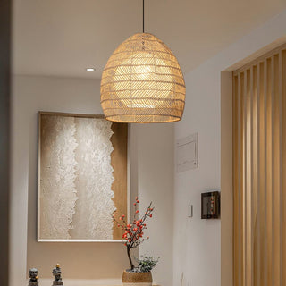Vintage rattan pendant with handwoven basket boho shade