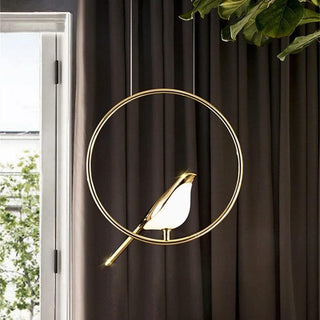 Circle LED pendant — gold bird motif hanging chandelier