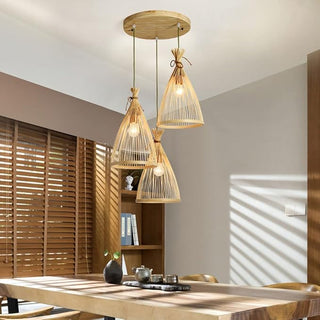 Bamboo Pendant Light – Indoor Conical Lamp With Adjustable Suspension & Warm Ambient Lighting