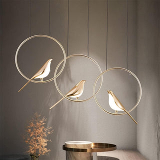 Gold hanging lamp with circular LED and bird motif decor