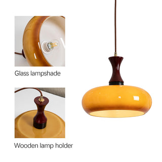 Suspension Dôme Jaune – Luminaire Rétro avec Accents en Bois pour Îlot de Cuisine