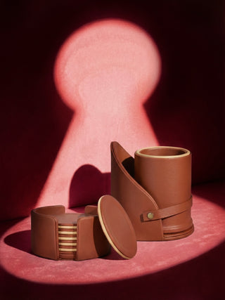executive cognac leather desk accessories styled on office desk