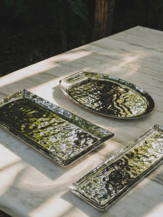 Steel Serving Tray – Polished Stainless Leaf Roll Design With Elegant Hammered Texture