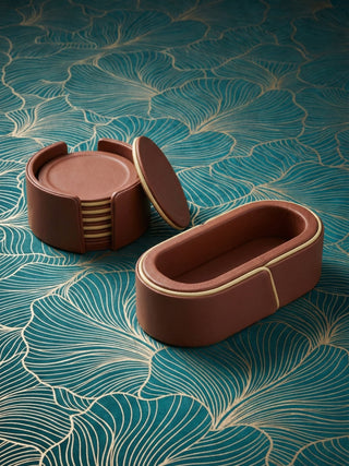 cognac leather desk set document tray close-up