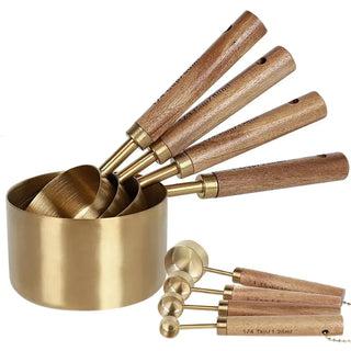 gold measuring cups 8 piece stainless steel wood accent handles side view