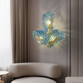 Retro copper blue glass wall sconce illuminated — vintage lamp