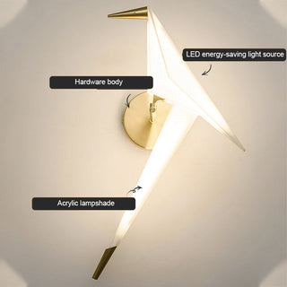 Contemporary golden bird wall lamp close-up — metal sconce fixture