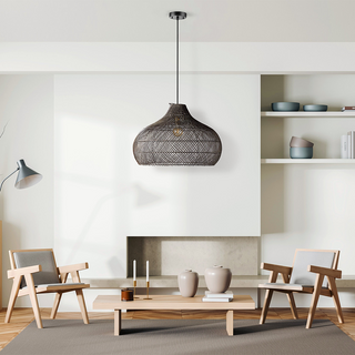 Rattan cage pendant showing woven geometric pattern