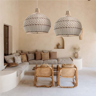 Rattan pendant side angle — handwoven adjustable ceiling lamp