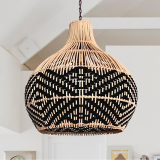Woven rattan pendant shade showing natural fiber texture