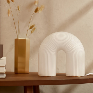 White arch metal lamp front — modern LED glass design