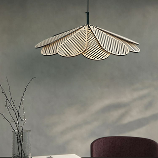 Rattan LED pendant lamp — boho adjustable wooden ceiling fixture