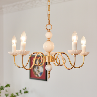 Cream glass vintage metal chandelier front — soft warm dining design