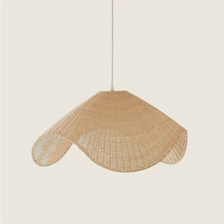 Natural fiber rattan chandelier in spacious living area