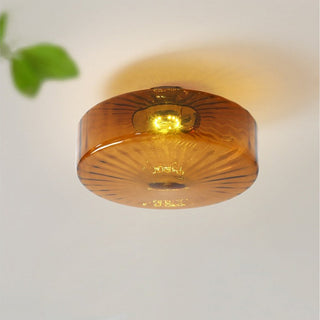 Medieval ceiling light with iron construction and corrugated glass shade