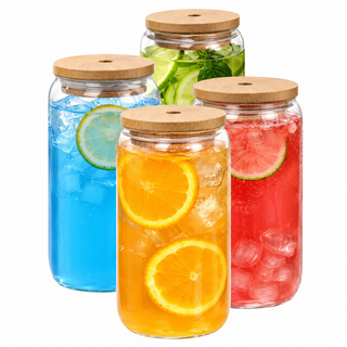 Can-Shaped Borosilicate Glass Cup with Bamboo Lid