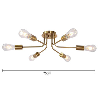 Modern gold glass chandelier illuminated — 6-shade warm ceiling