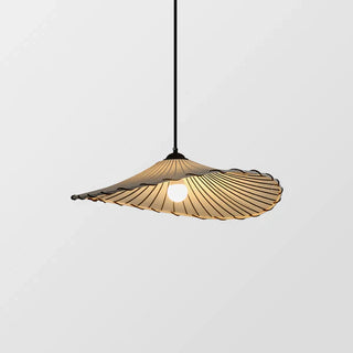 Vintage lotus pendant close-up — fabric leaf shade hanging lamp