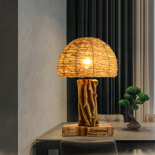 Rustic designer table lamp — wooden base woven shade living room